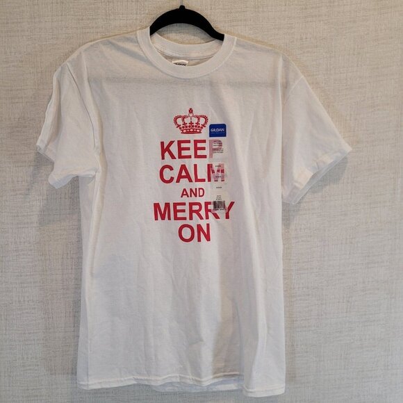 Gildan Other - NWT Gildan Keep Calm And Merry On T Shirt Mens M White Graphic Print Christmas